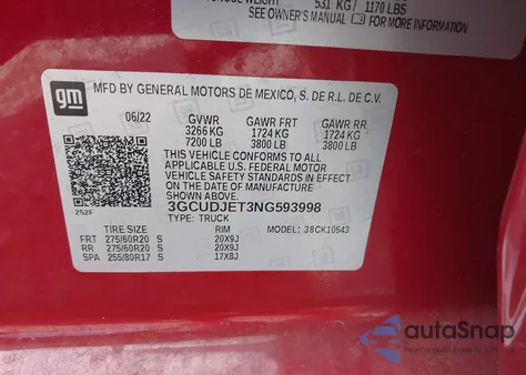 2022 Chevrolet Silverado 1500 4Wd Short Bed High Country из США, поврежденный, VIN 3GCUDJET3NG593998